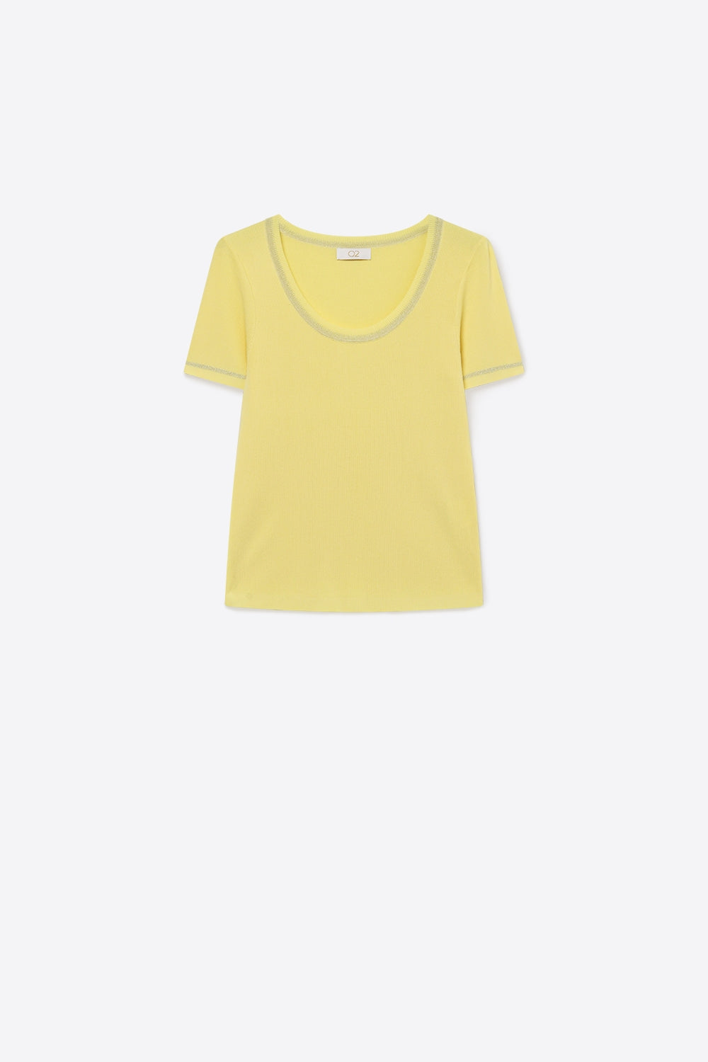 Yellow Ribbed Knit Scoop Neck sweater with shiny lurex trim