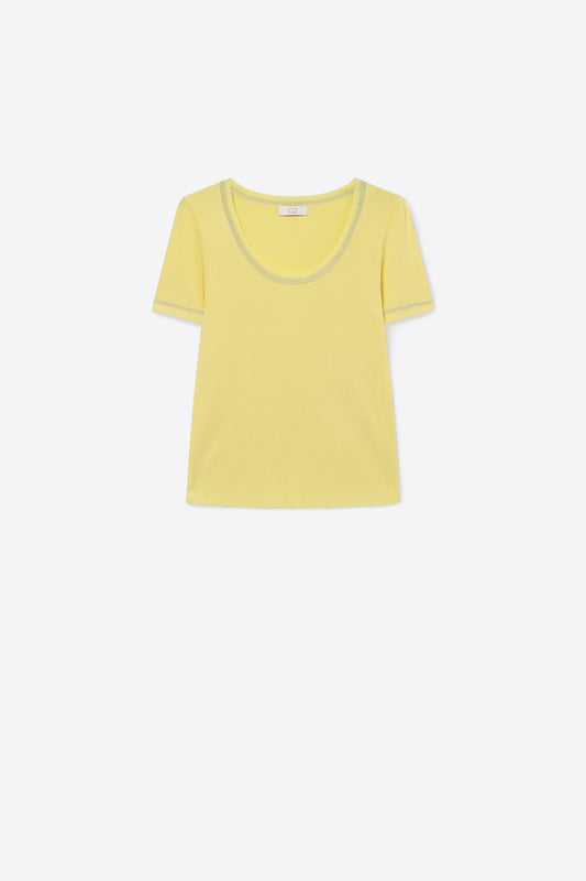 Yellow Ribbed Knit Scoop Neck sweater with shiny lurex trim