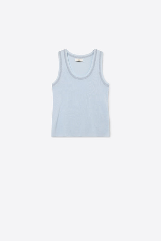 Light Blue Ribbed Knit Tank Top with Metallic Trim