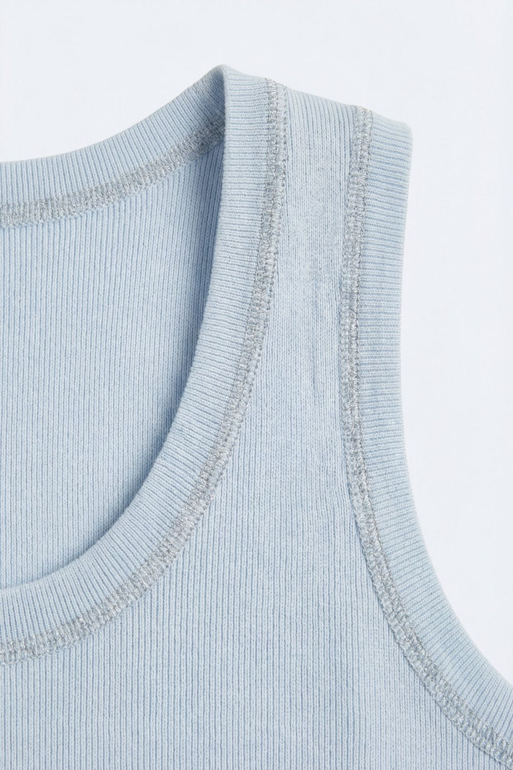 Light Blue Ribbed Knit Tank Top with Metallic Trim