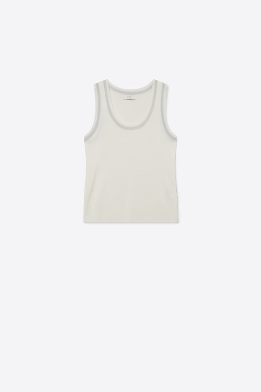 White Ribbed Knit Top with with Metallic Trim