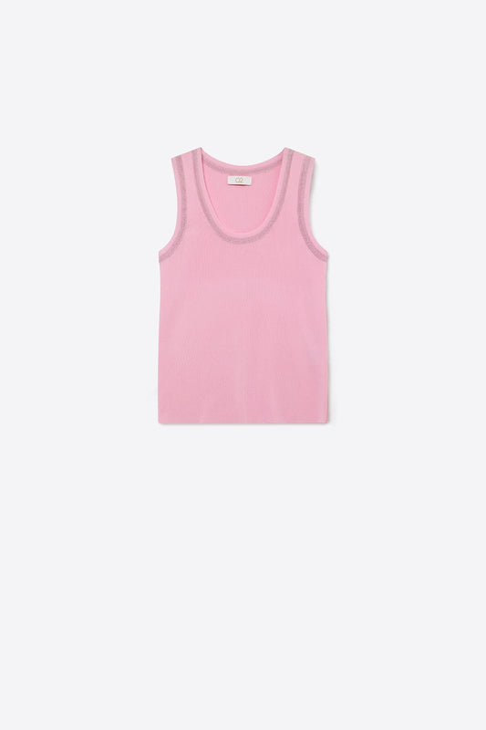 Pink Ribbed Knit Tank Top with metallic Contrast Trim
