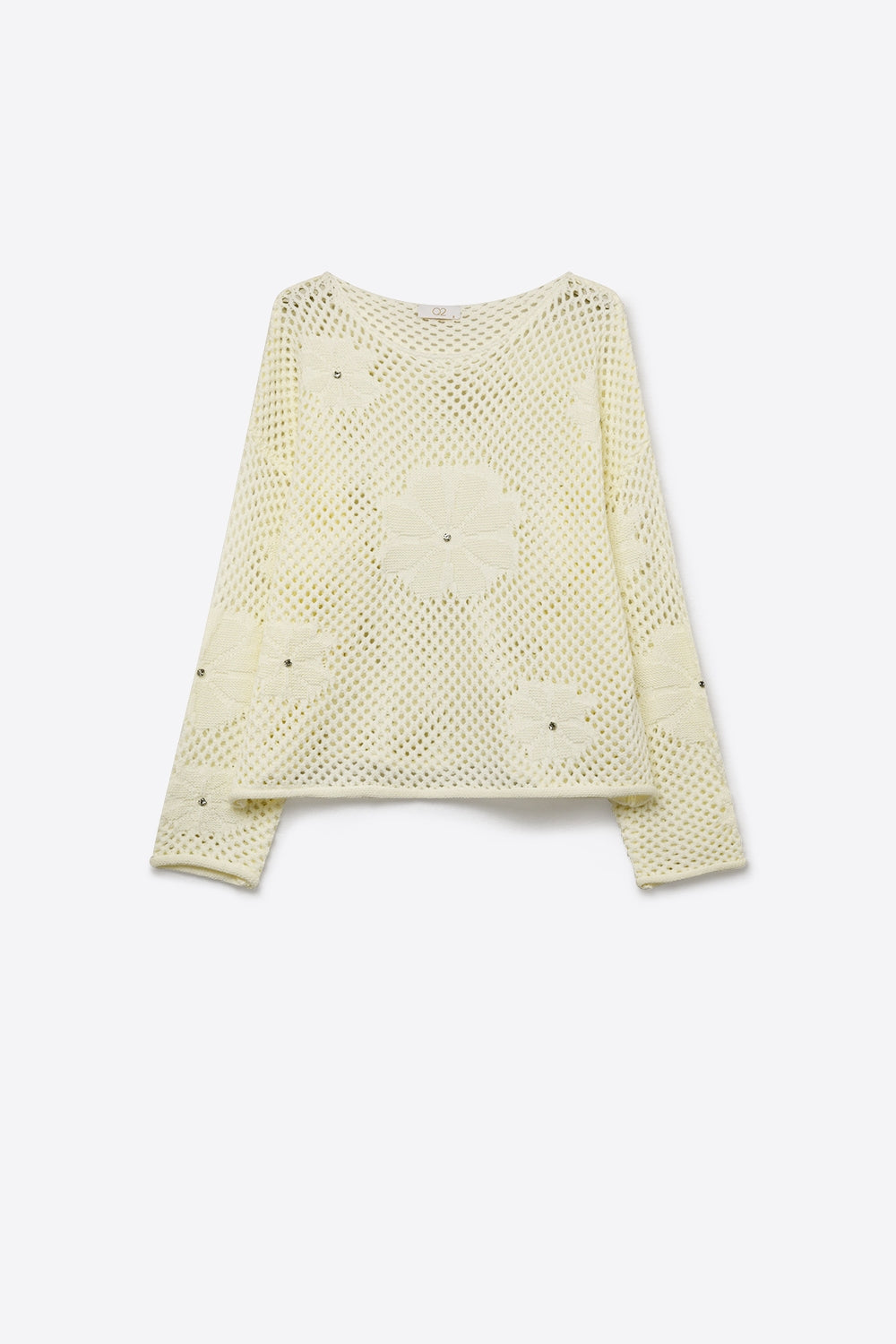 Cream Crochet Floral Accent With Diamante Long Sleeve Sweater