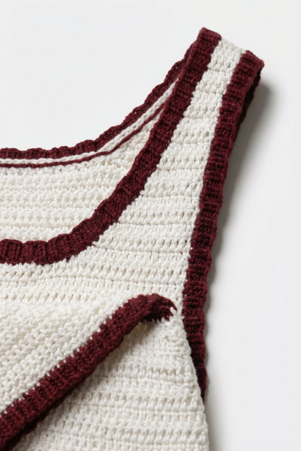 Cream Crocheted Tank Top in Cream with Burgundy Trim
