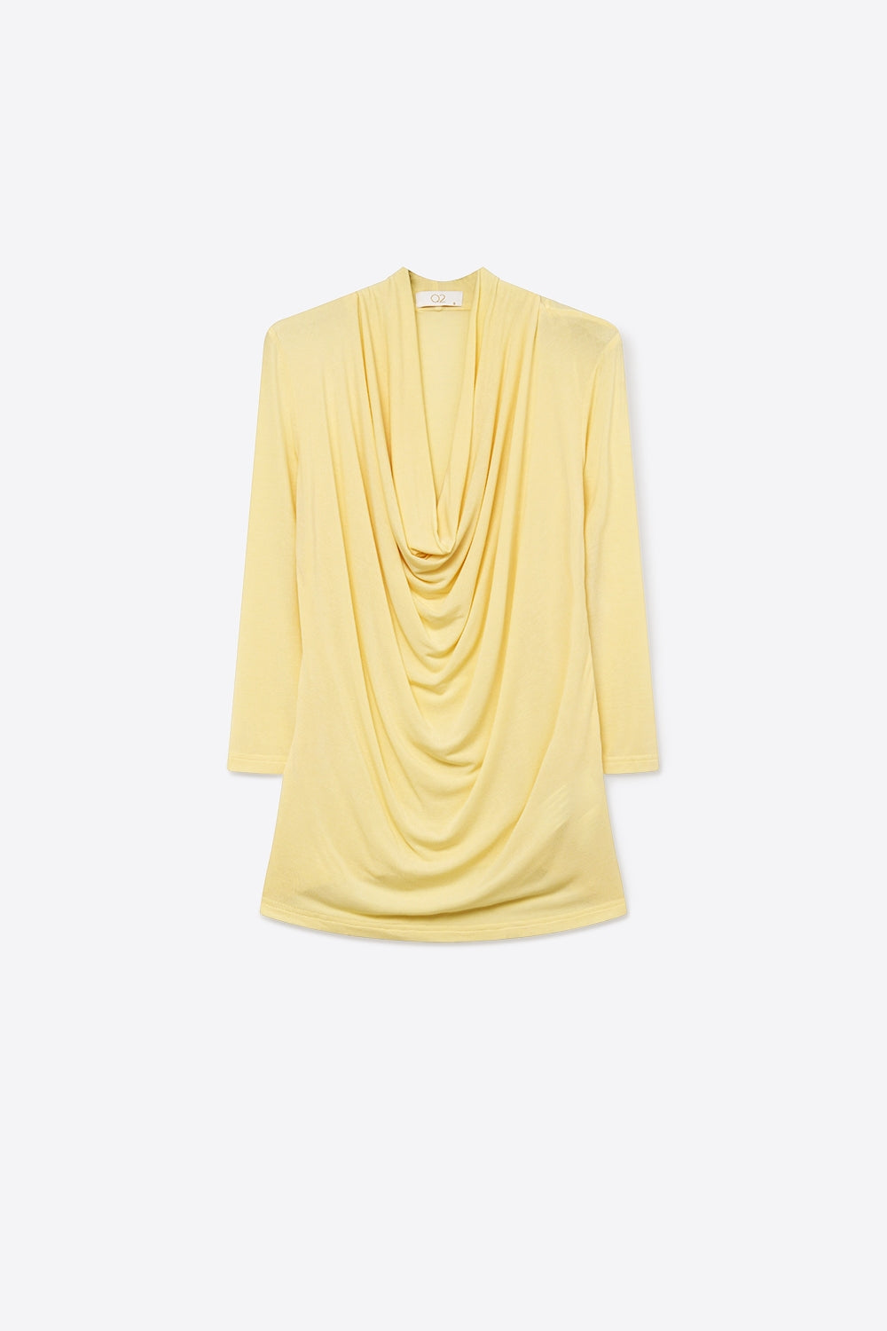 butter yellow front draped top with 3/4 sleeve