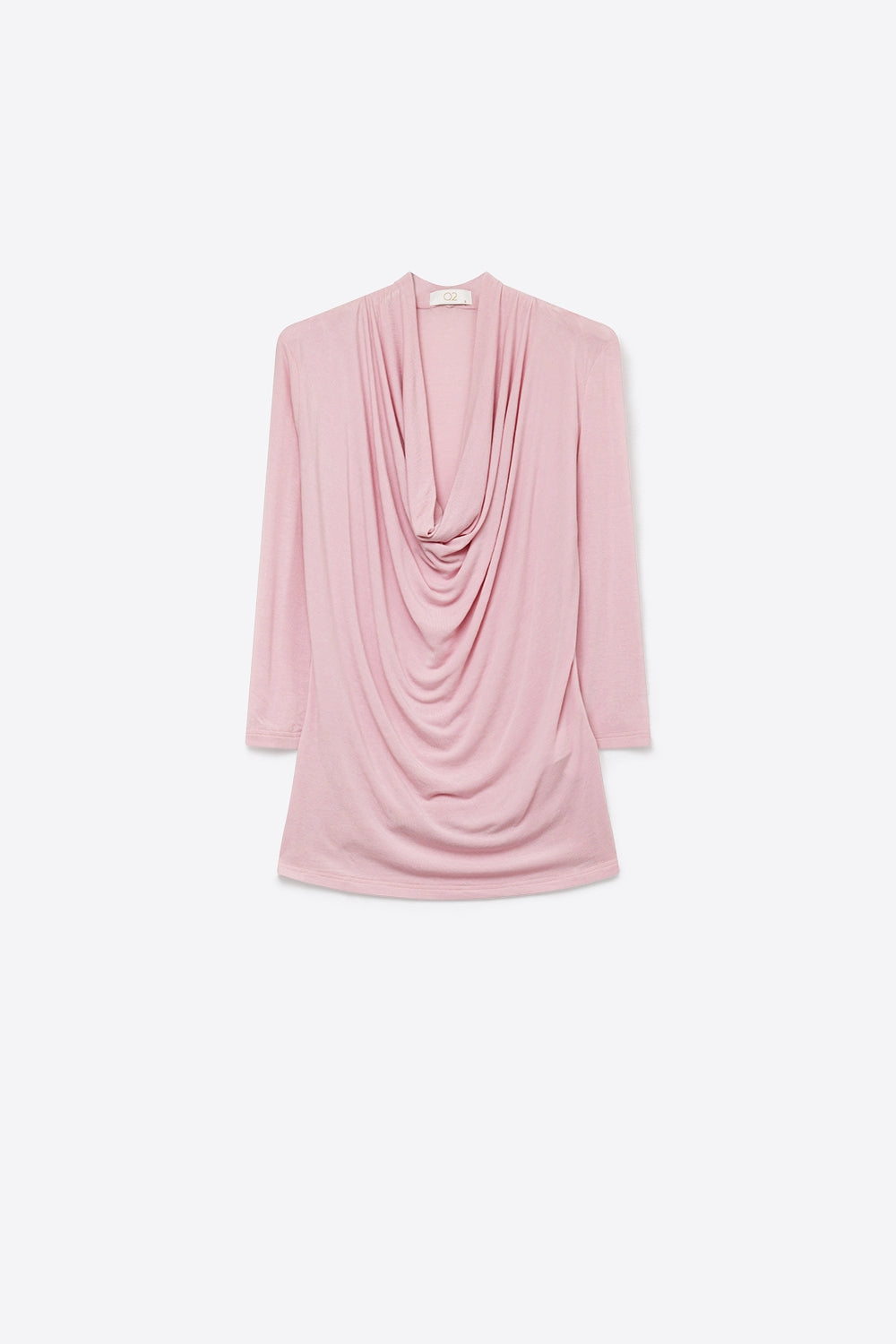 Pink three-quarter sleeve top with front draping and lightweight fabric