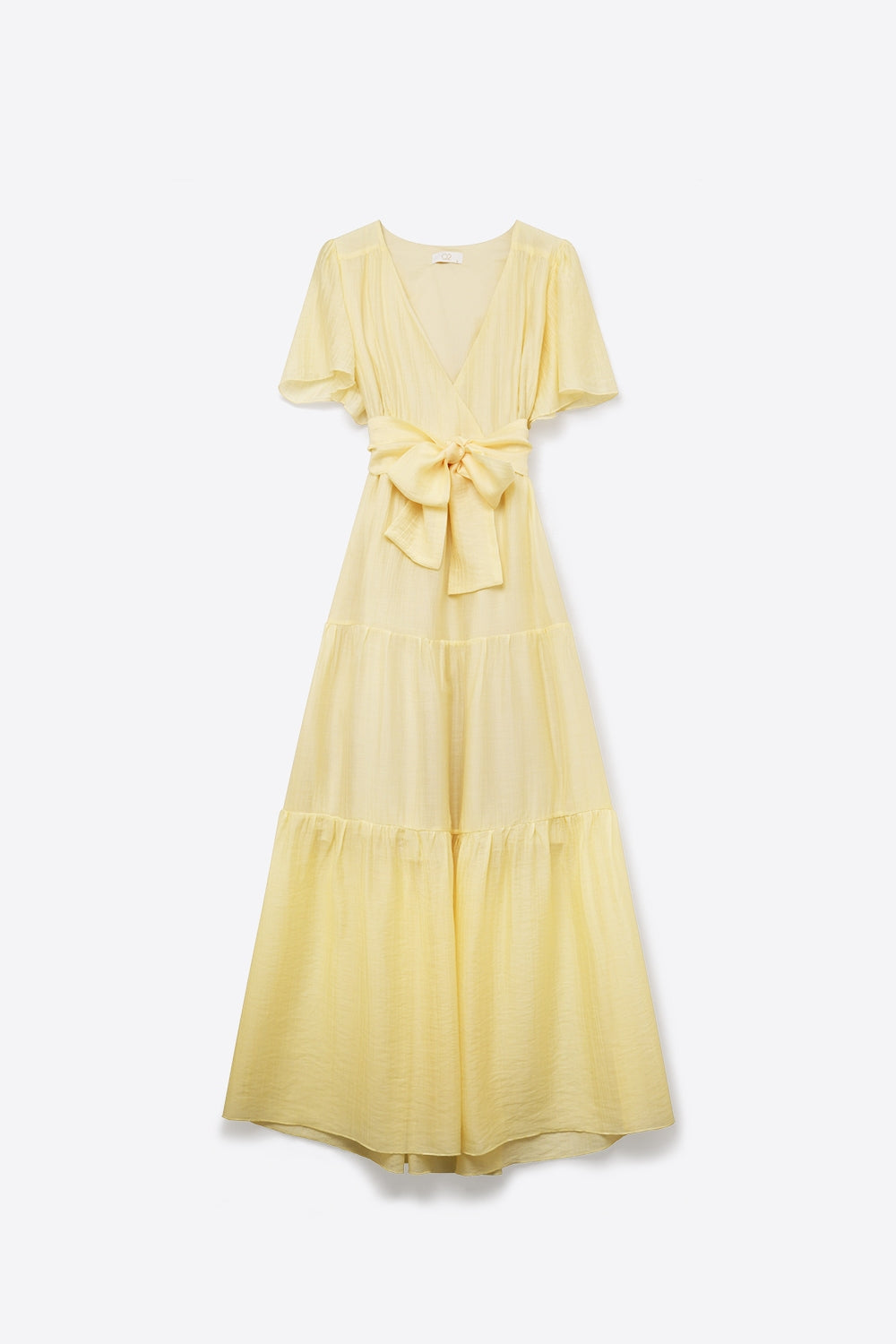 Yellow Maxi Dress with Waist Tie and Flutter Sleeves - dress