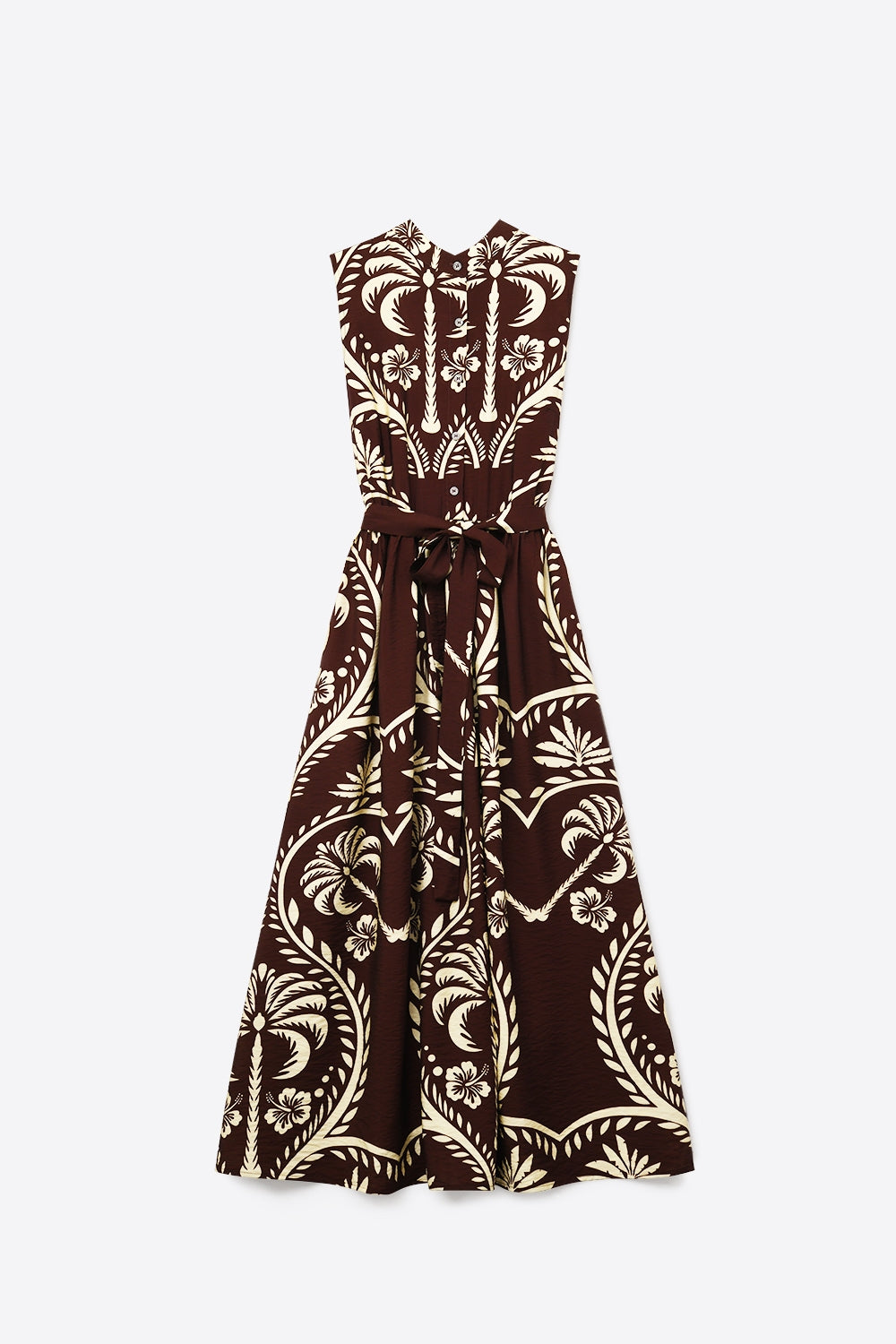 Brown Printed Maxi Dress with Belted Waist - dress