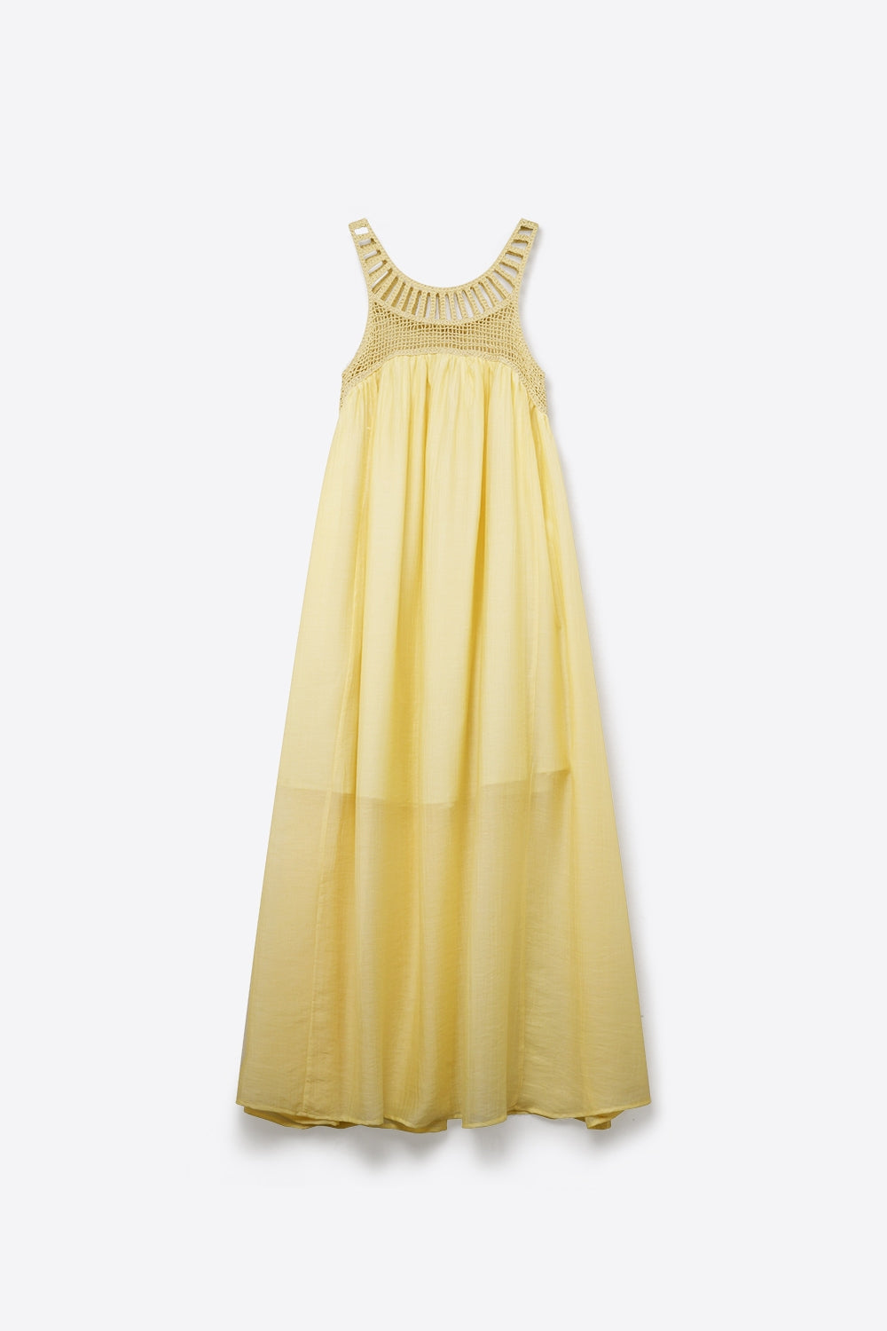 Yellow Crochet Yoke Maxi Dress with Flowing Skirt - dress