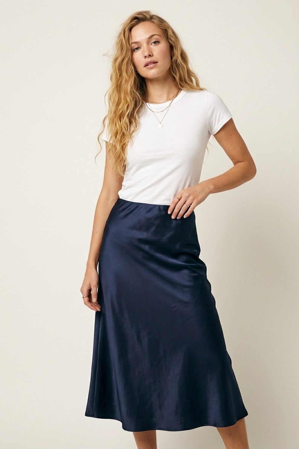Navy Satin A-Line Midi Skirt - Skirts