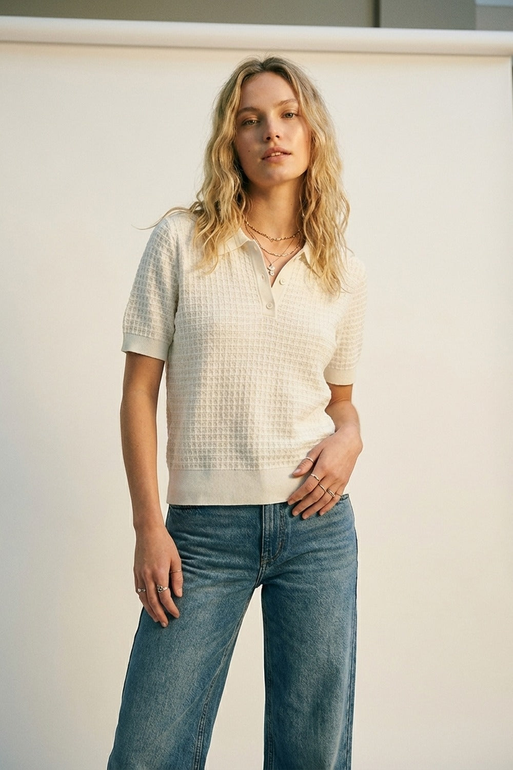 Cream Textured Knit Polo Shirt with Short Sleeves