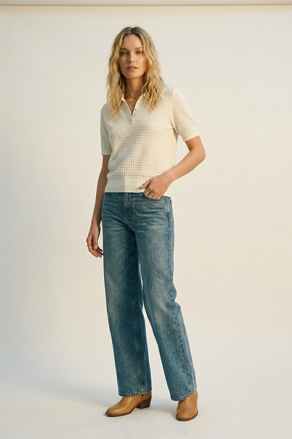 Cream Textured Knit Polo Shirt with Short Sleeves