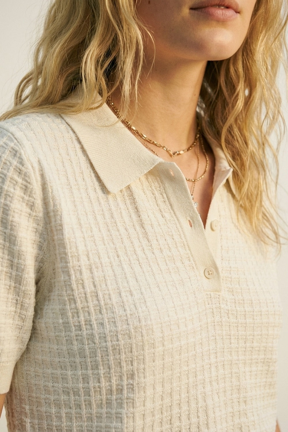 Cream Textured Knit Polo Shirt with Short Sleeves