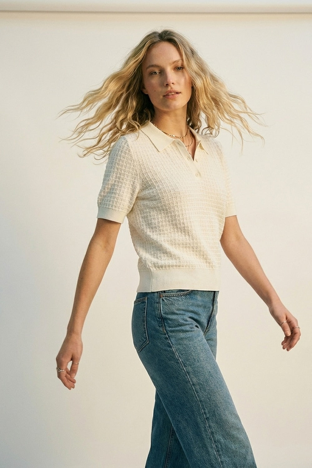 Cream Textured Knit Polo Shirt with Short Sleeves