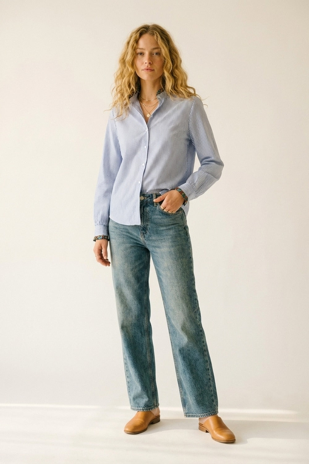 Light Blue Striped Button-Up Shirt with Floral Trim - Shirts