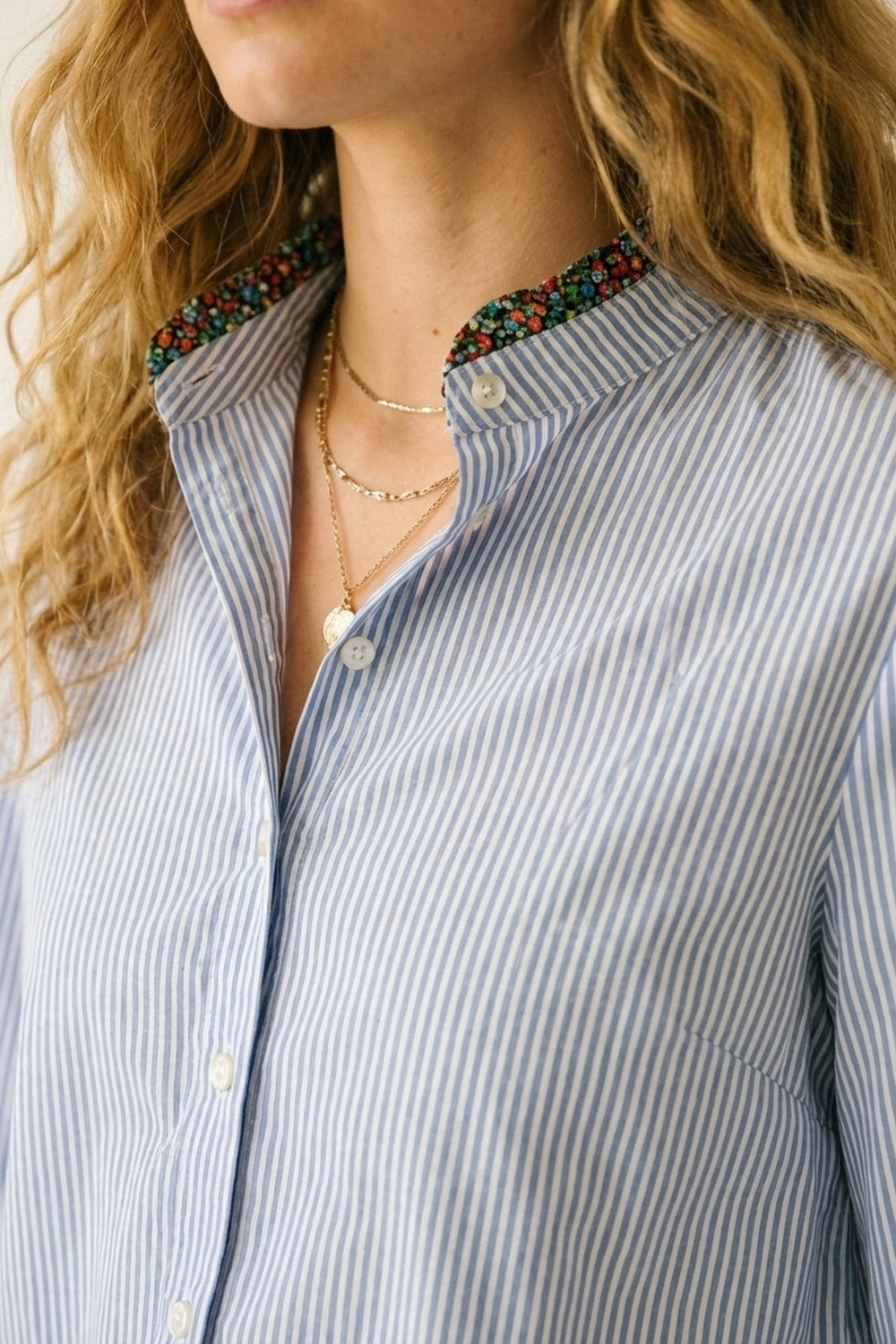 Light Blue Striped Button-Up Shirt with Floral Trim - Shirts