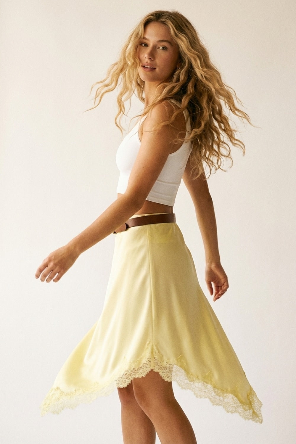 Butter Yellow Satin Handkerchief Skirt with Lace Trim - Skirts