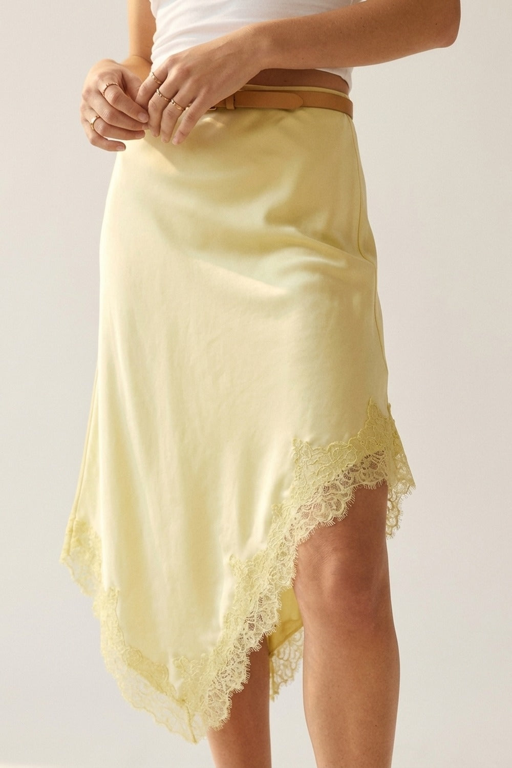 Butter Yellow Satin Handkerchief Skirt with Lace Trim - Skirts