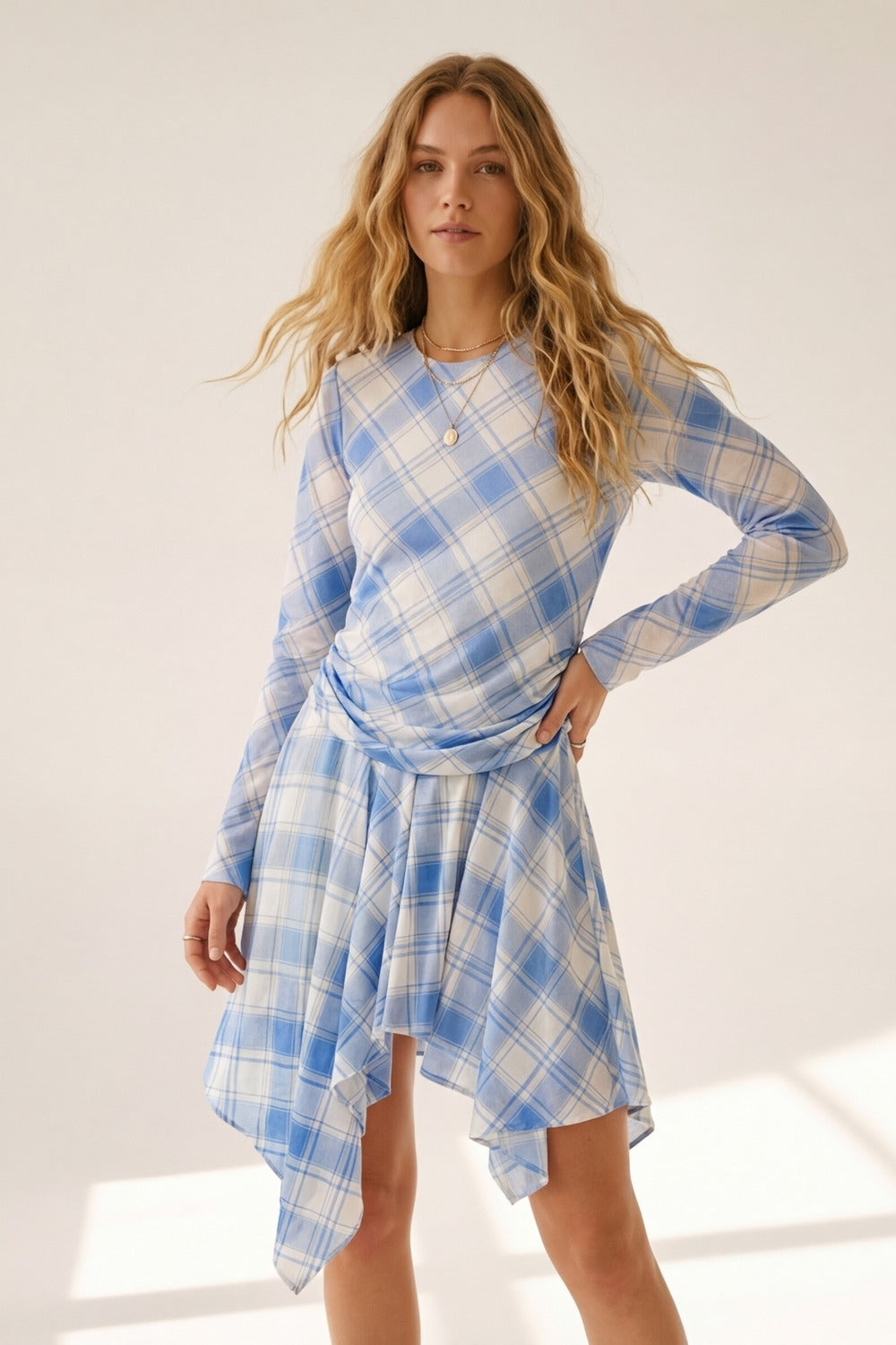 mesh fabric Long Sleeve Asymmetrical Dress in blue - dress