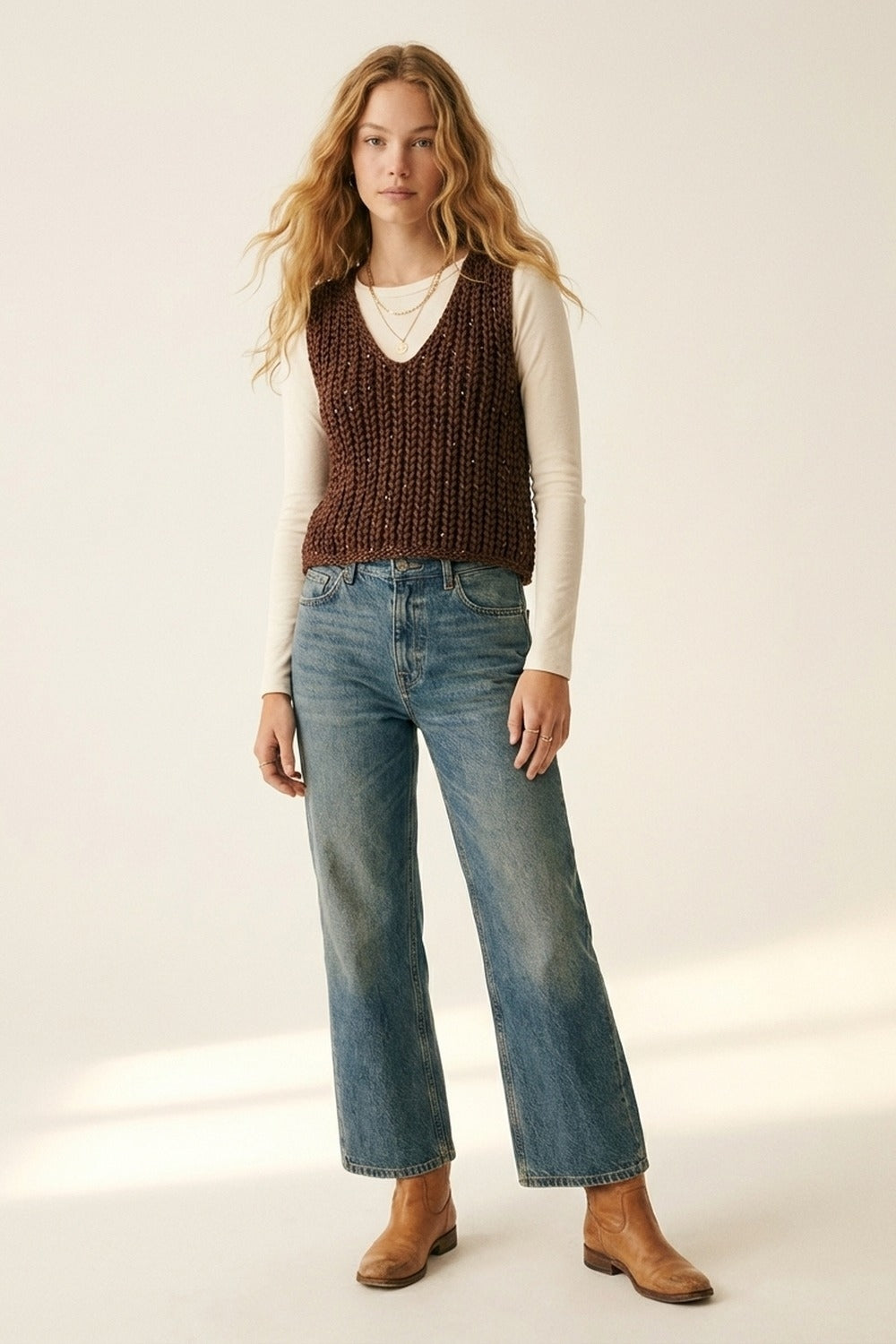 Brown Chunky Knit V-Neck Sweater Vest