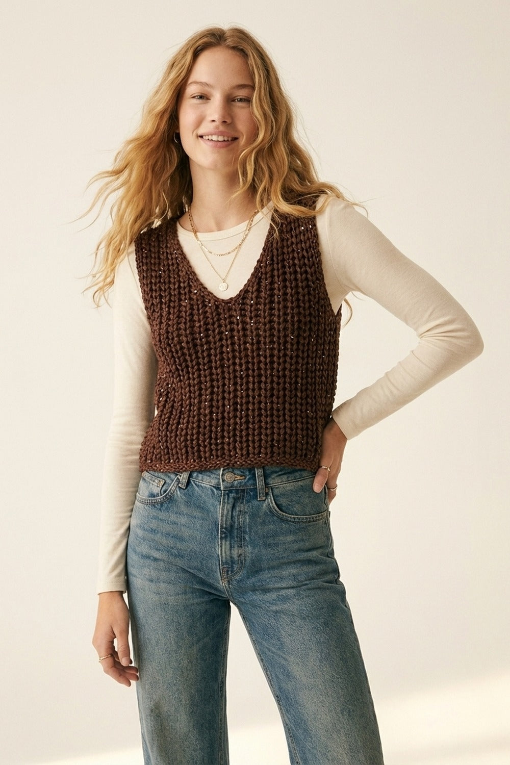 Brown Chunky Knit V-Neck Sweater Vest