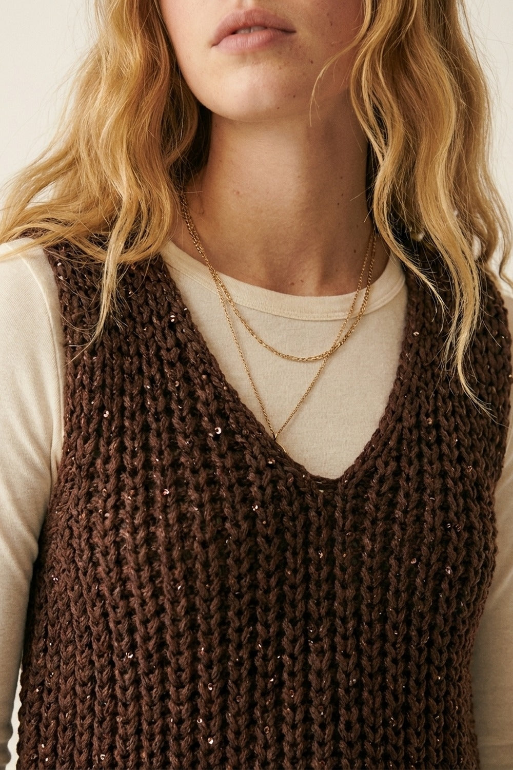 Brown Chunky Knit V-Neck Sweater Vest