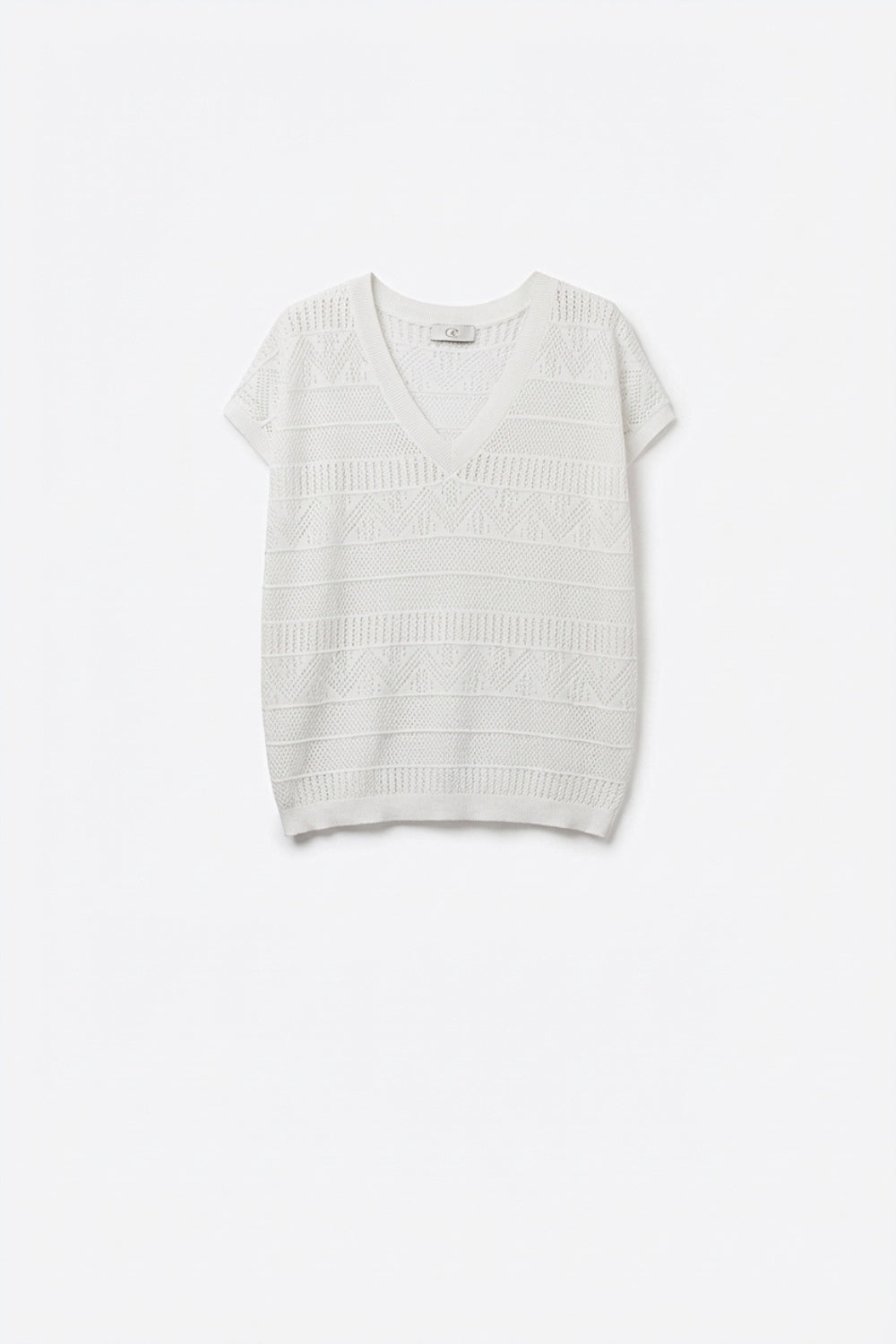 White Open Knit V-Neck Short Sleeve Sweater