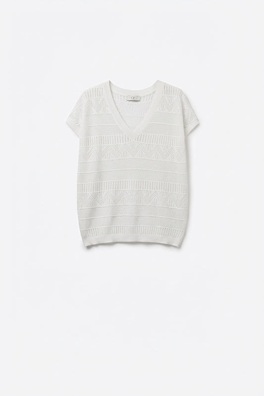 White Open Knit V-Neck Short Sleeve Sweater