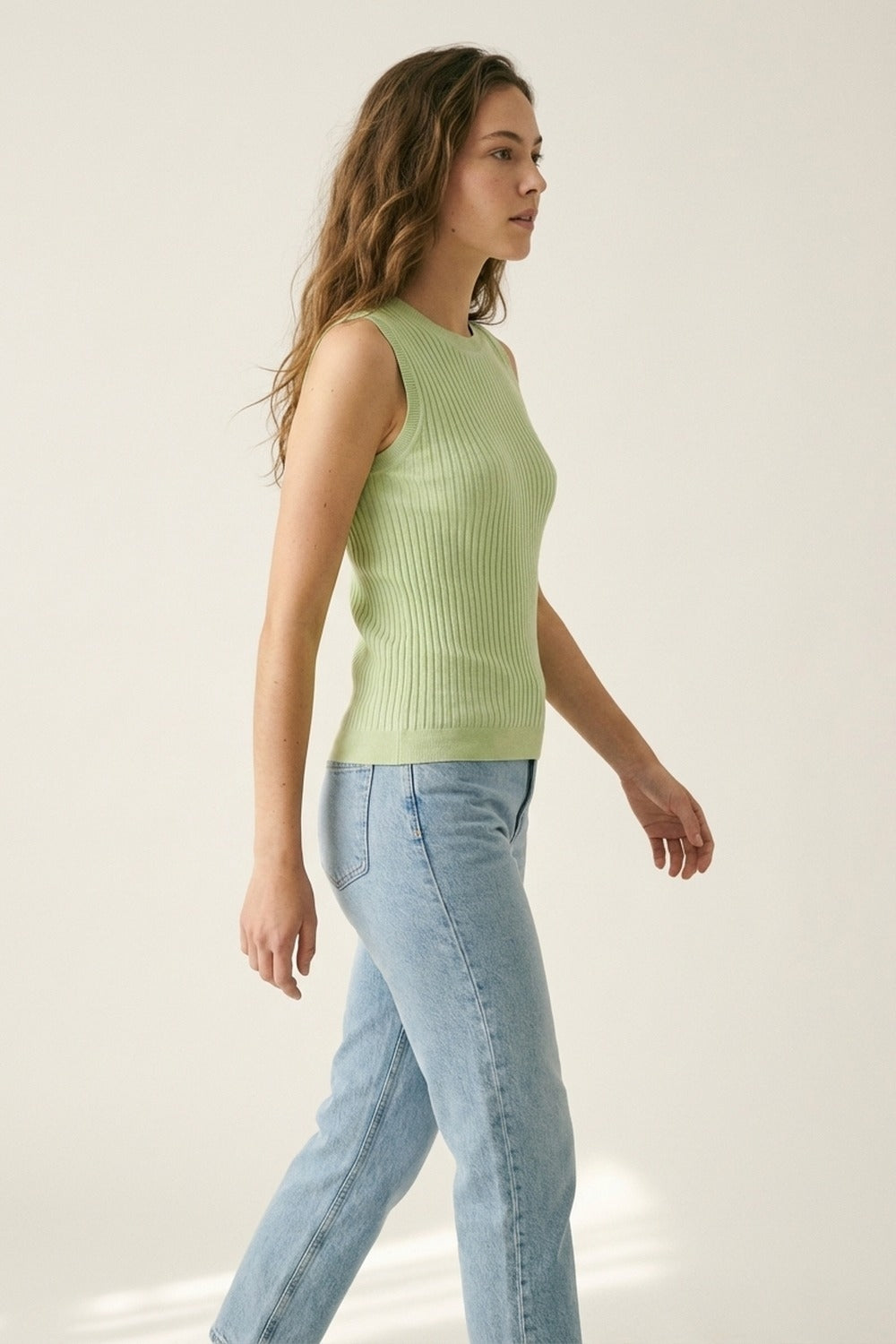 Light Green Ribbed Knit Sleeveless Top
