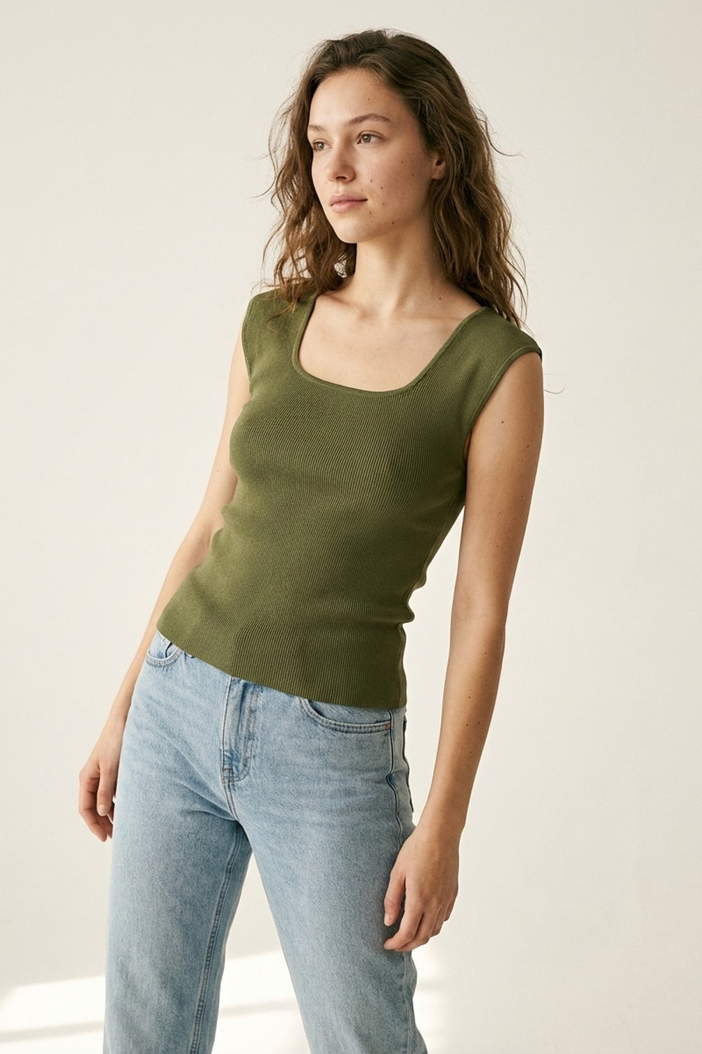Olive Green Ribbed Knit Sleeveless Square Neck Top - Tops