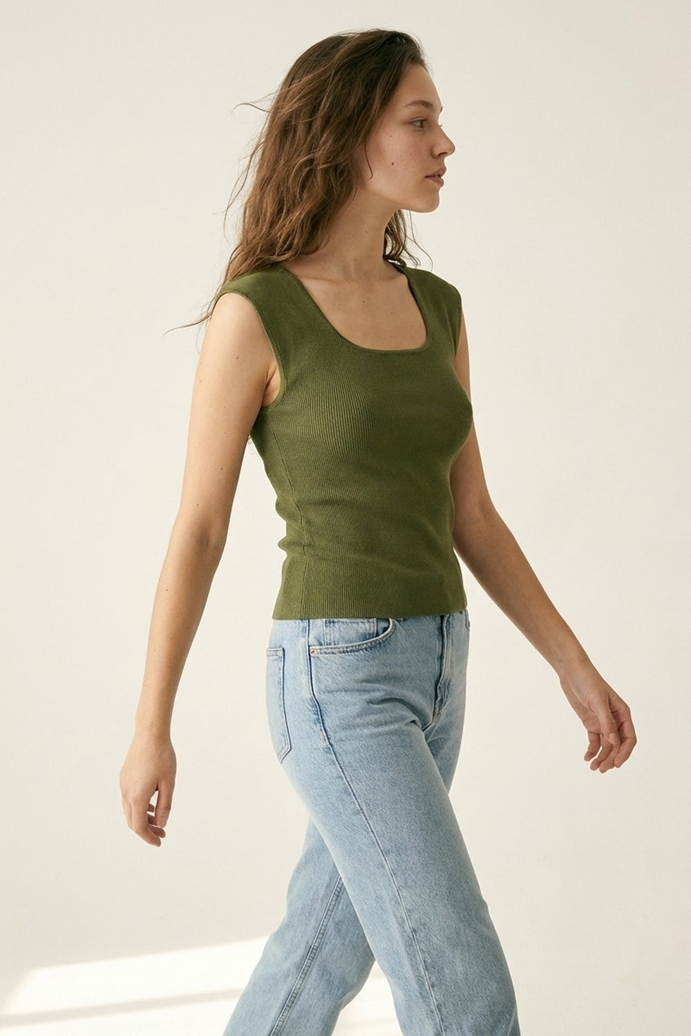 Olive Green Ribbed Knit Sleeveless Square Neck Top - Tops