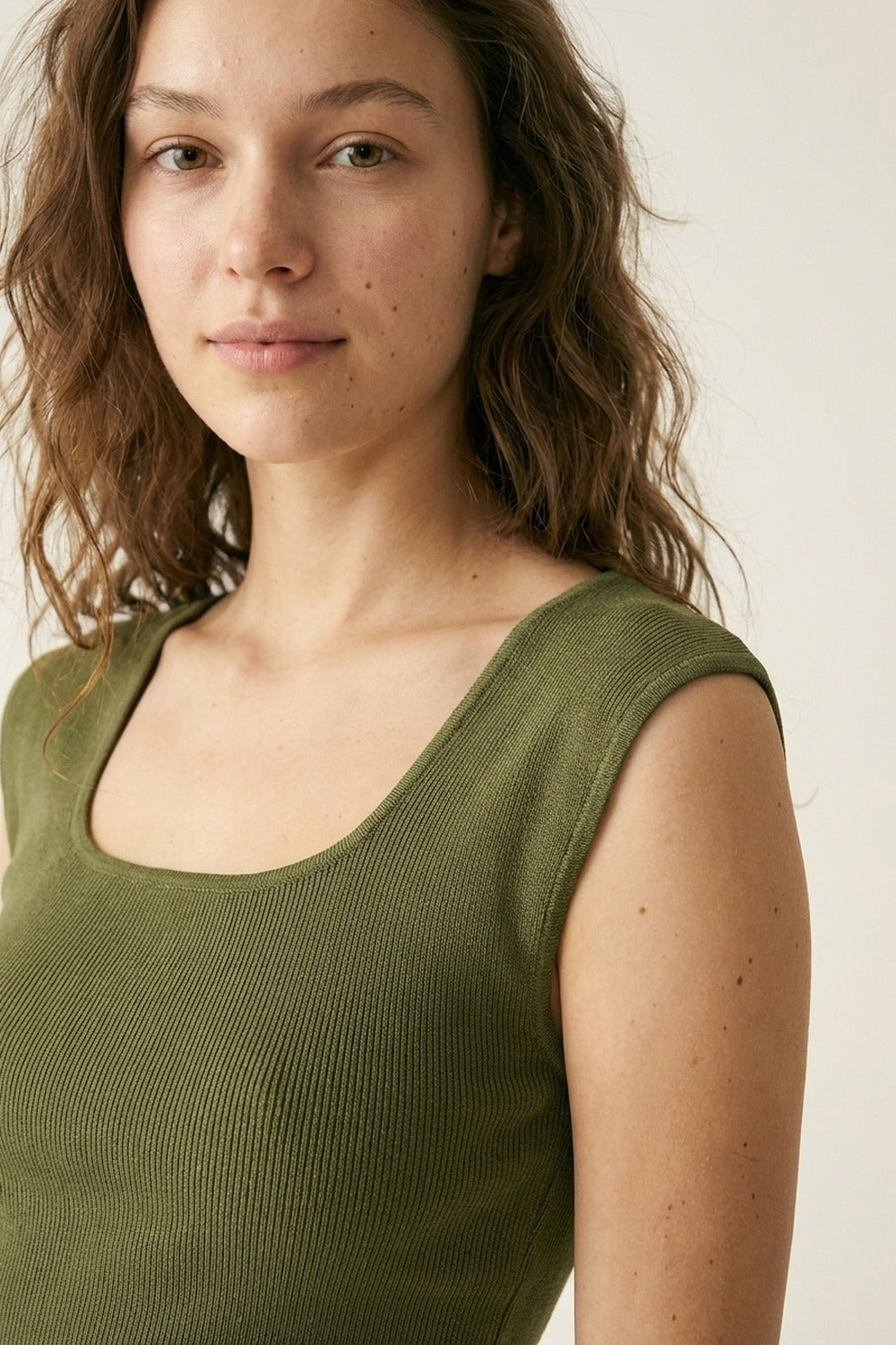 Olive Green Ribbed Knit Sleeveless Square Neck Top - Tops