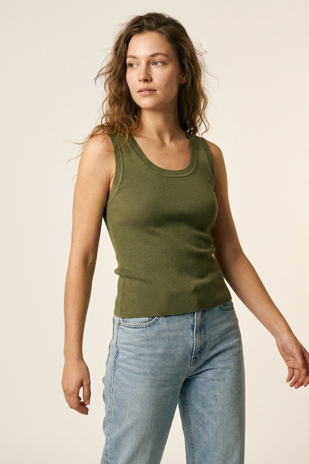 Olive Green Ribbed Knit Tank Top for Layering - Tops
