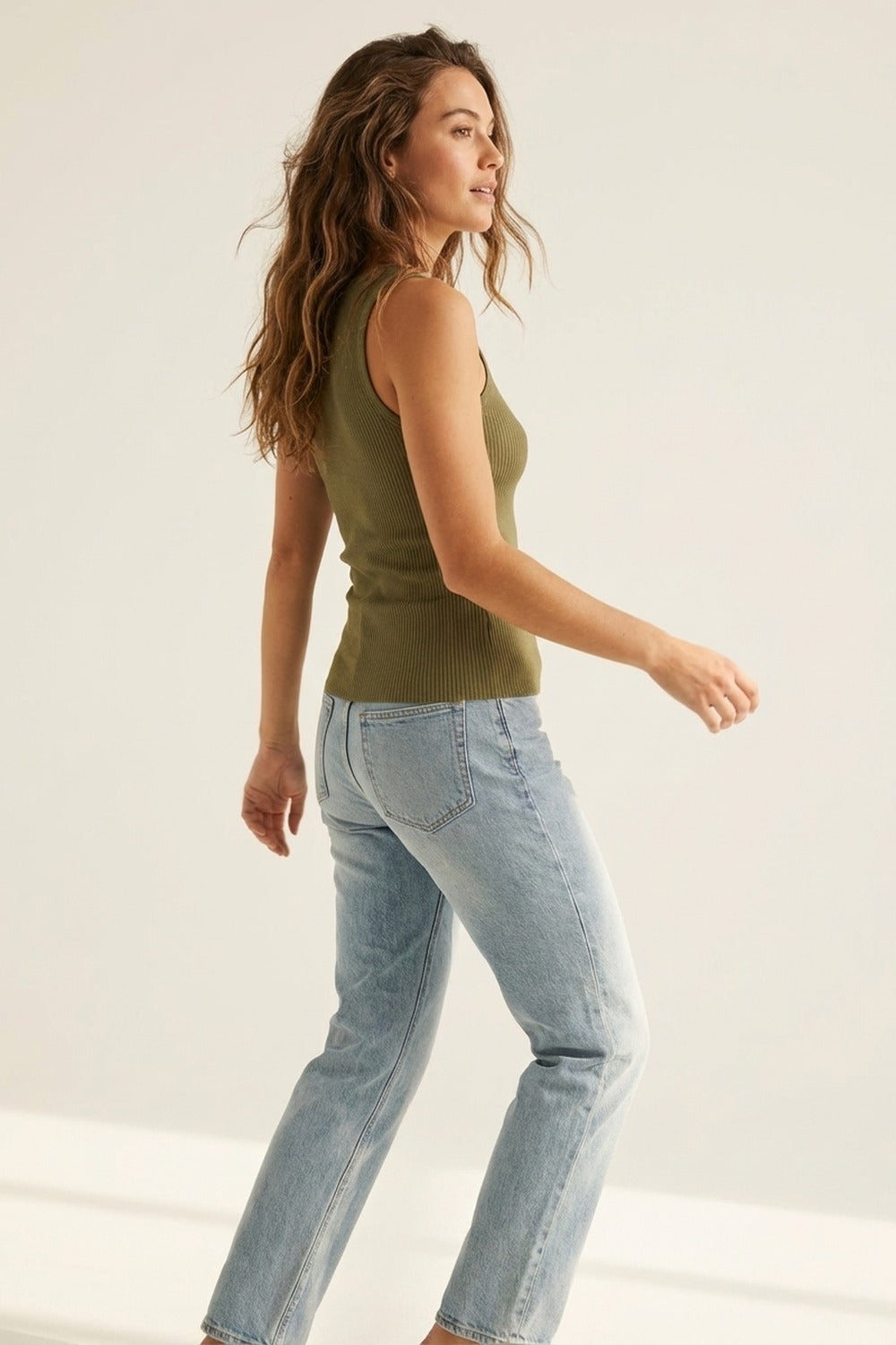 Olive Green Ribbed Knit Tank Top for Layering - Tops