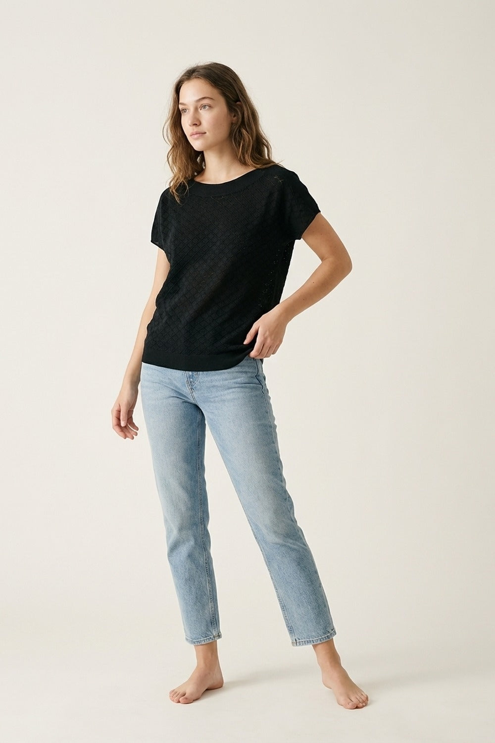 Black Textured Knit Short Sleeve Sweater Top