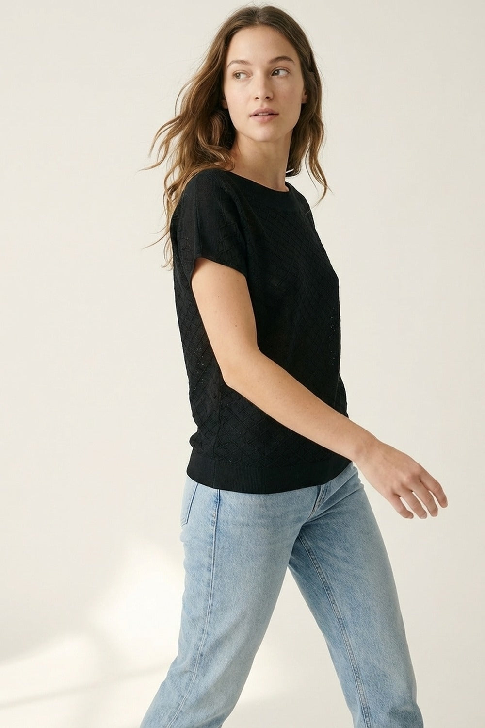 Black Textured Knit Short Sleeve Sweater Top