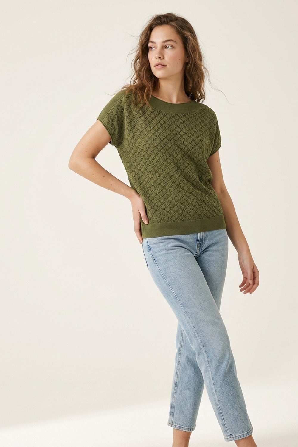 Olive Green Textured Knit Short Sleeve Sweater Top