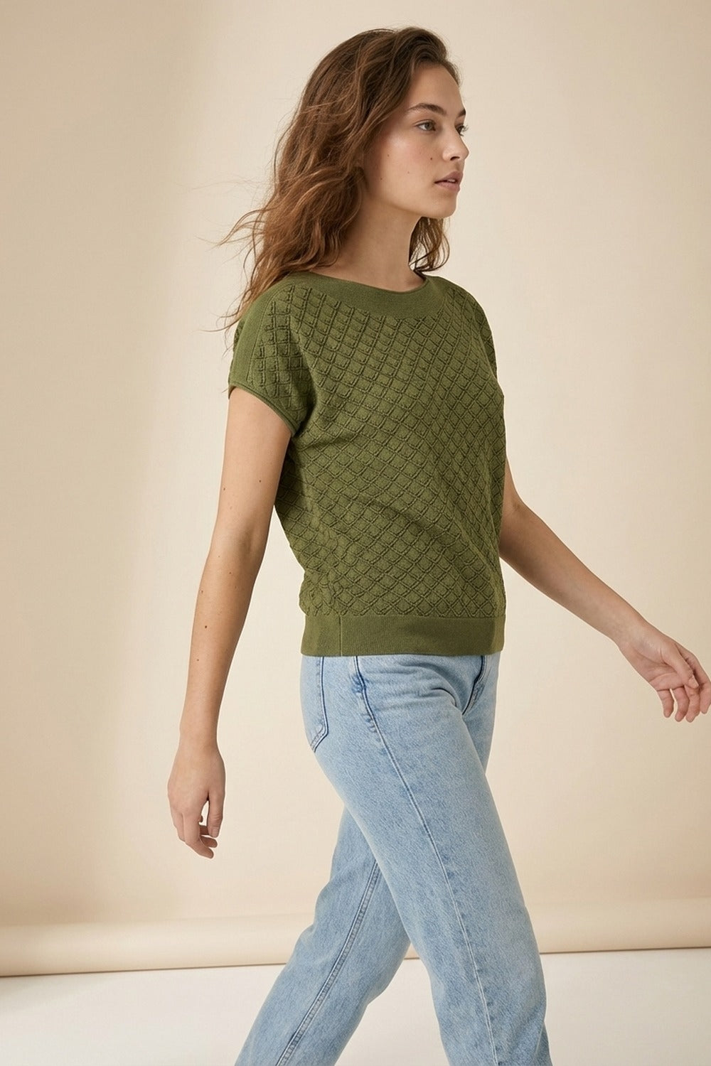 Olive Green Textured Knit Short Sleeve Sweater Top