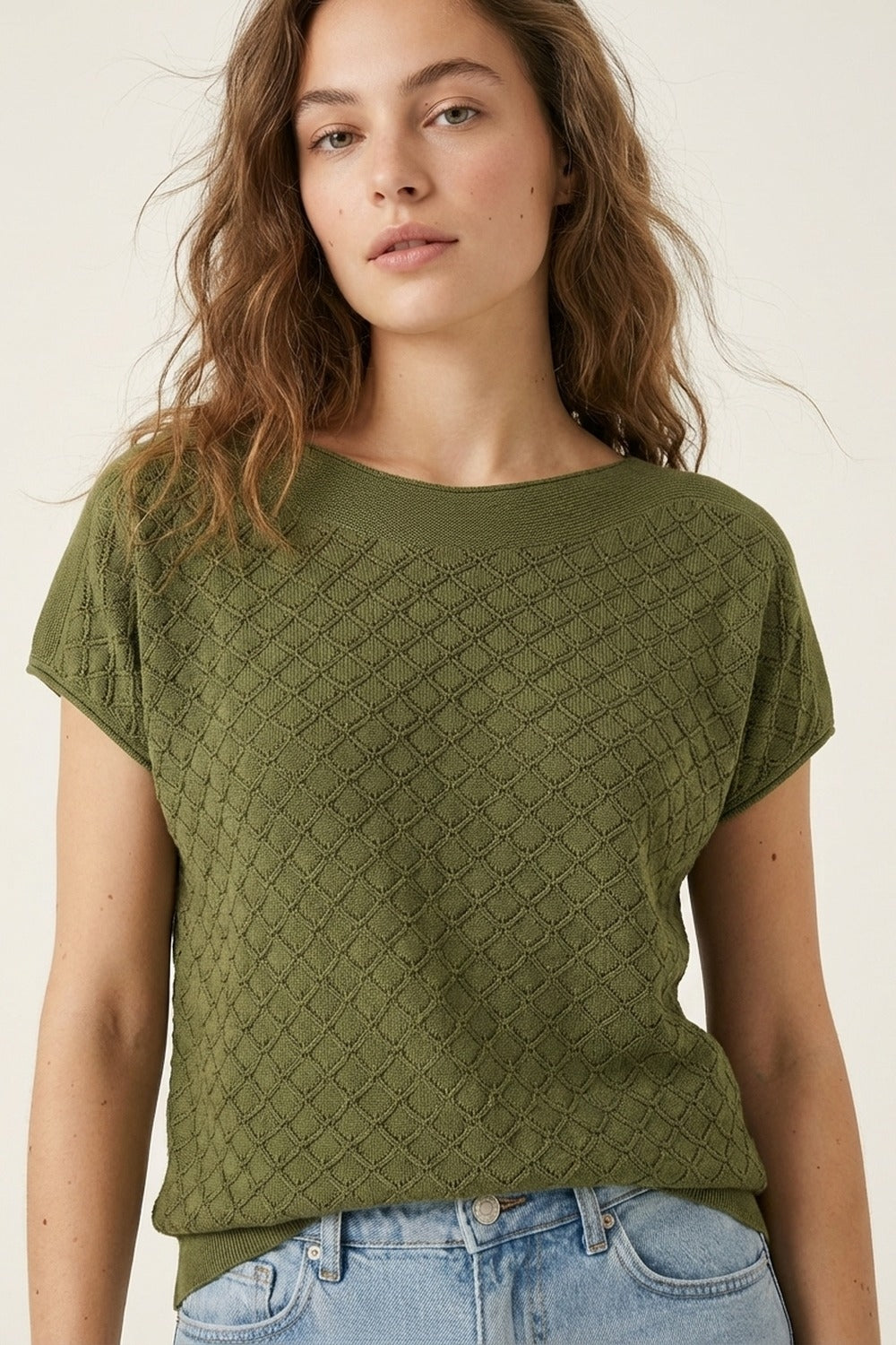 Olive Green Textured Knit Short Sleeve Sweater Top