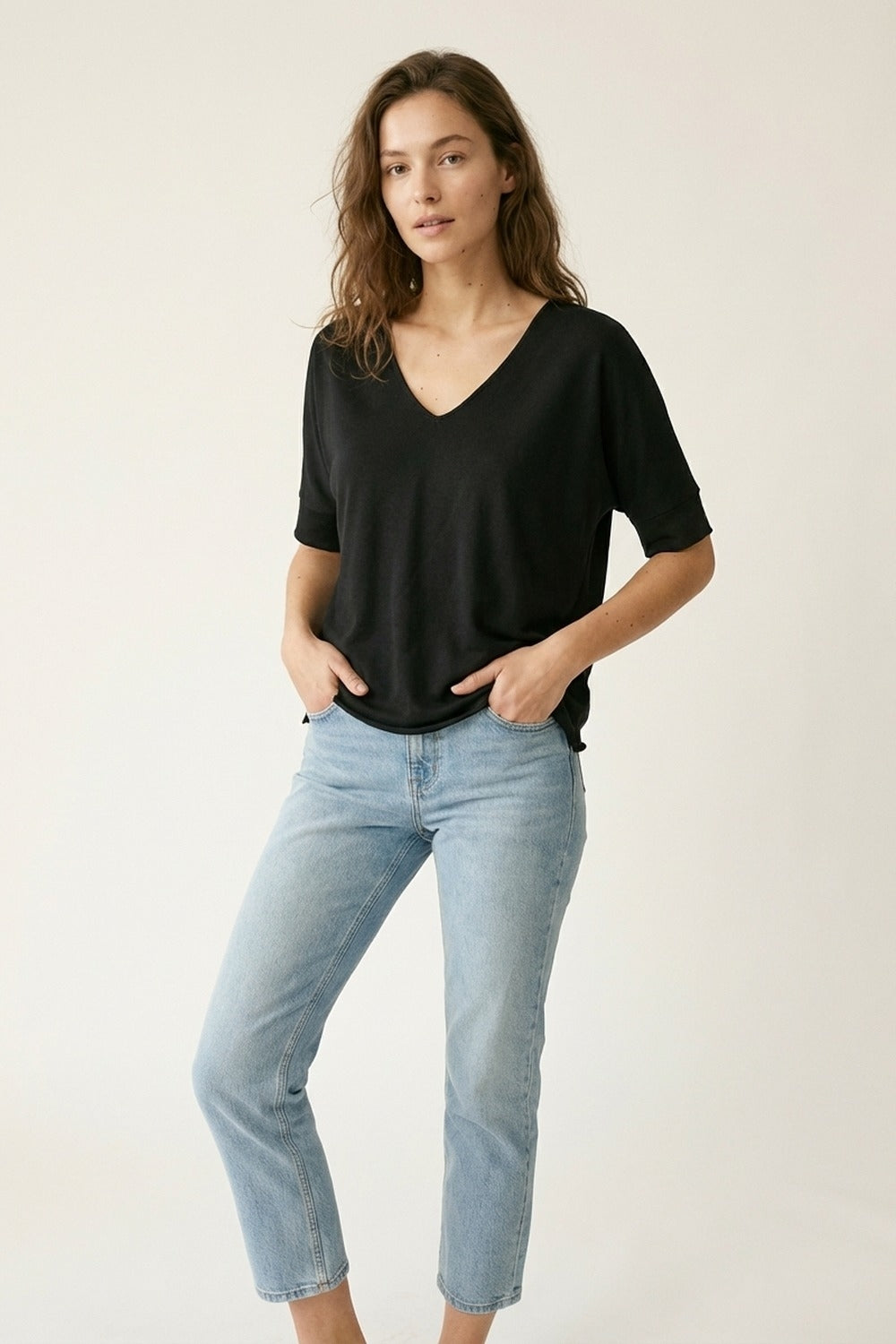 Black V-Neck Relaxed Fit Short Sleeve Top