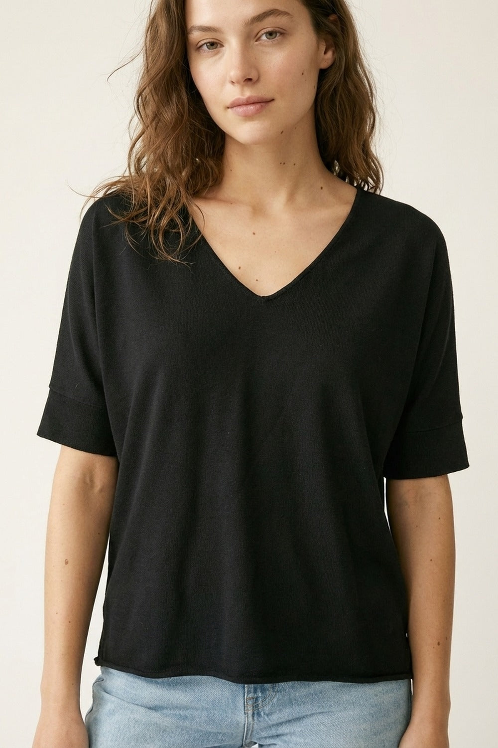 Black V-Neck Relaxed Fit Short Sleeve Top