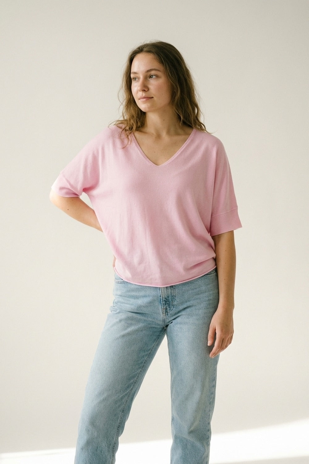 Pink V-Neck Relaxed Fit Soft Knit Sweater - Jumpers