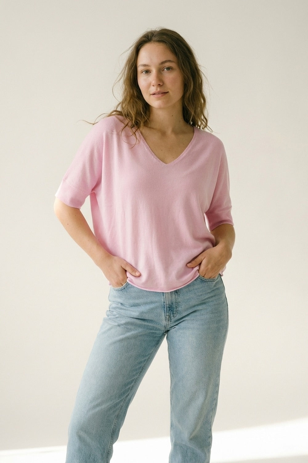 Pink V-Neck Relaxed Fit Soft Knit Sweater - Jumpers