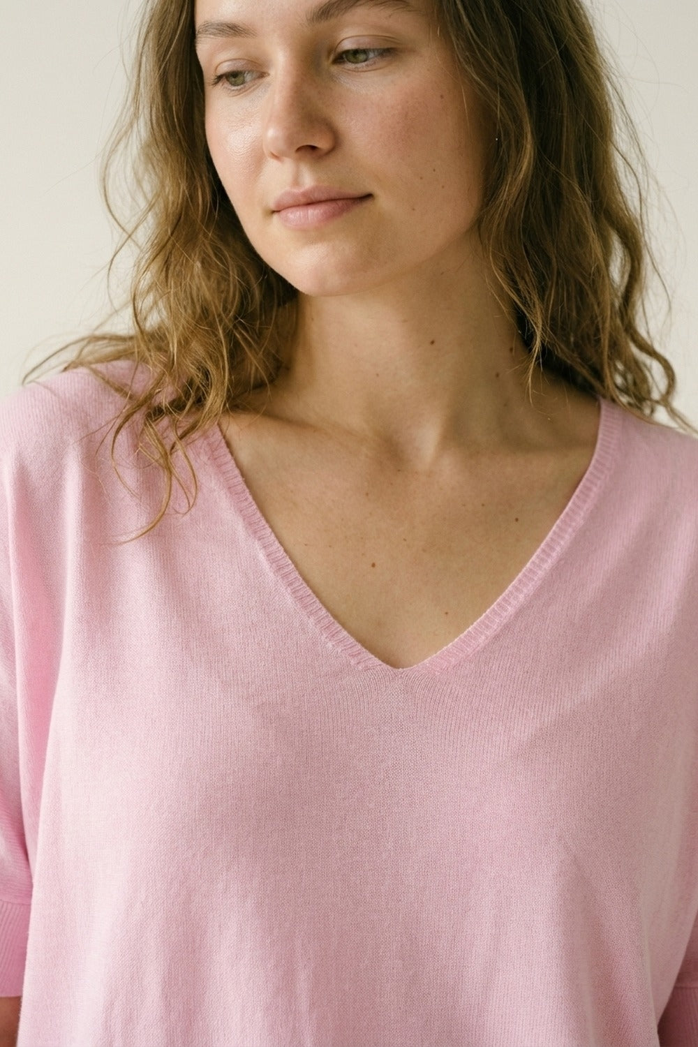 Pink V-Neck Relaxed Fit Soft Knit Sweater - Jumpers
