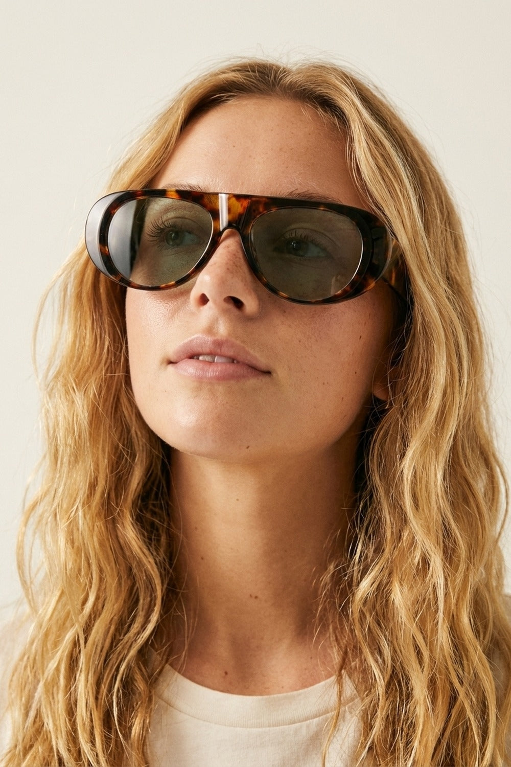 Tortoise Frame Wide Oval Sunglasses with Green Lens