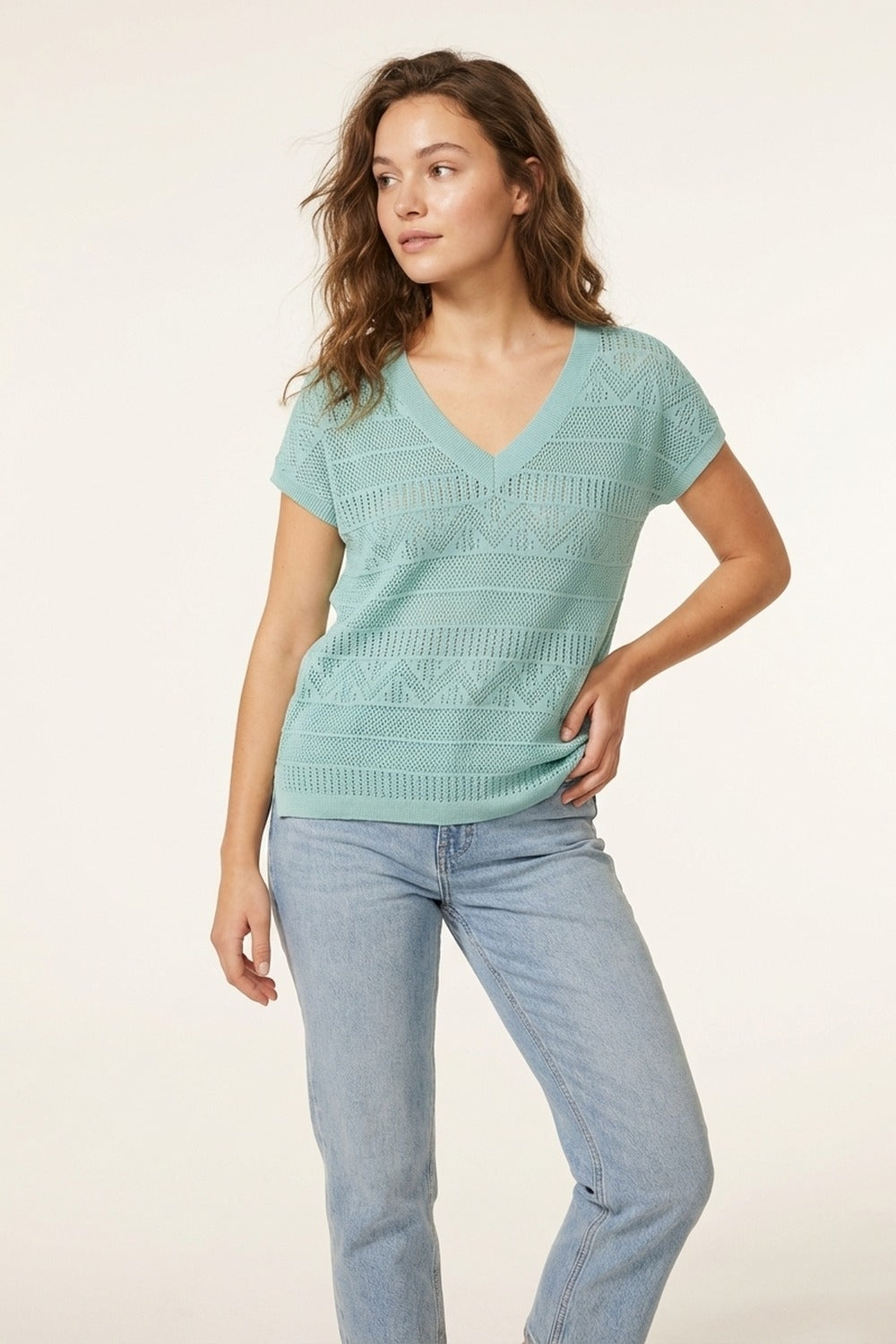 Light Blue Knit V-Neck Short Sleeve Sweater