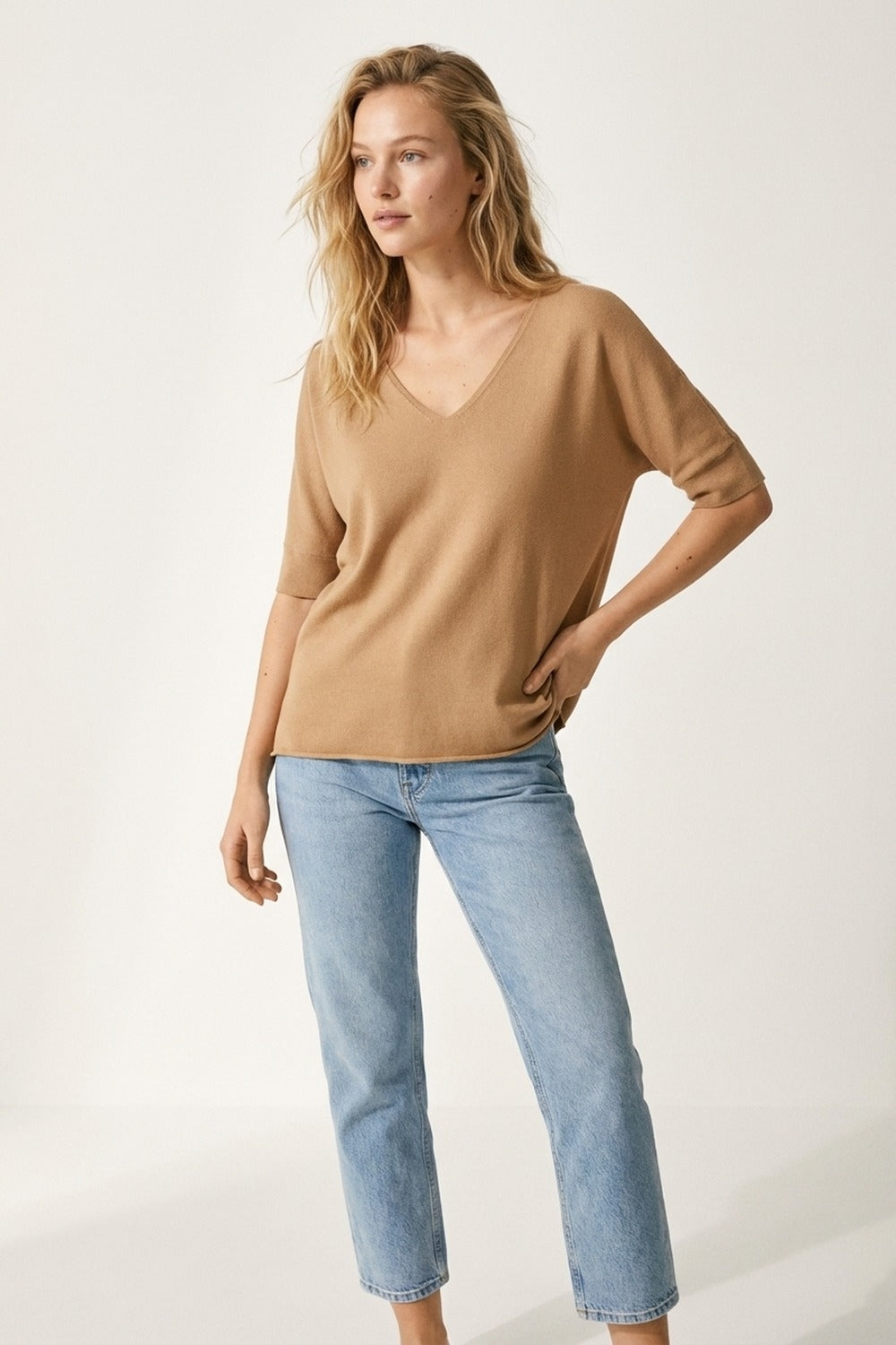 Camel V-Neck Knit Top with Elbow Sleeve - Tops