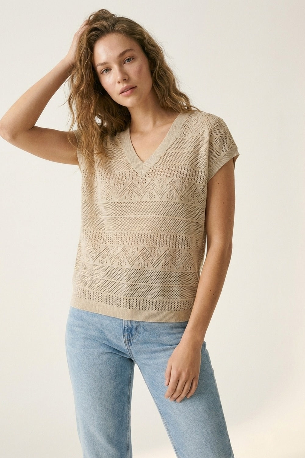 Beige Knit V-Neck Cap Sleeve Sweater Top