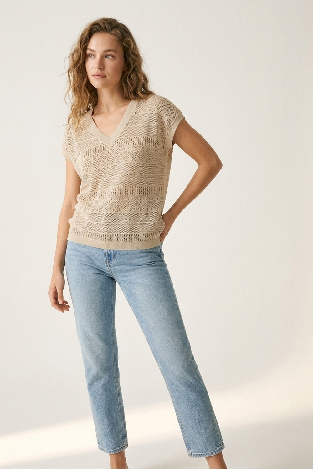 Beige Knit V-Neck Cap Sleeve Sweater Top