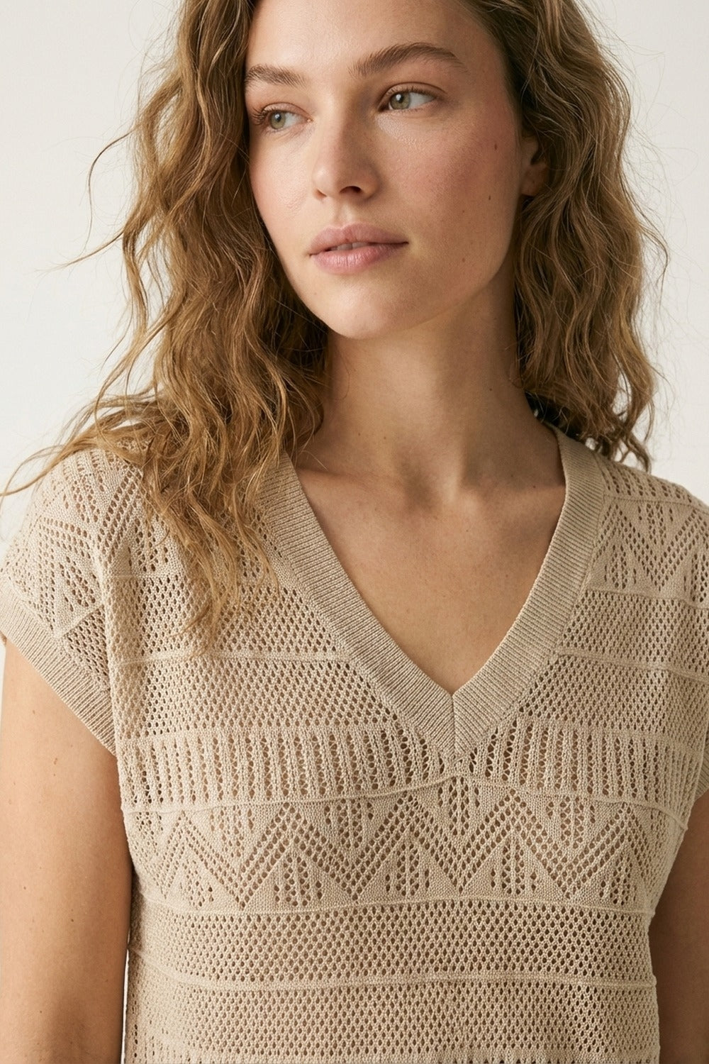 Beige Knit V-Neck Cap Sleeve Sweater Top